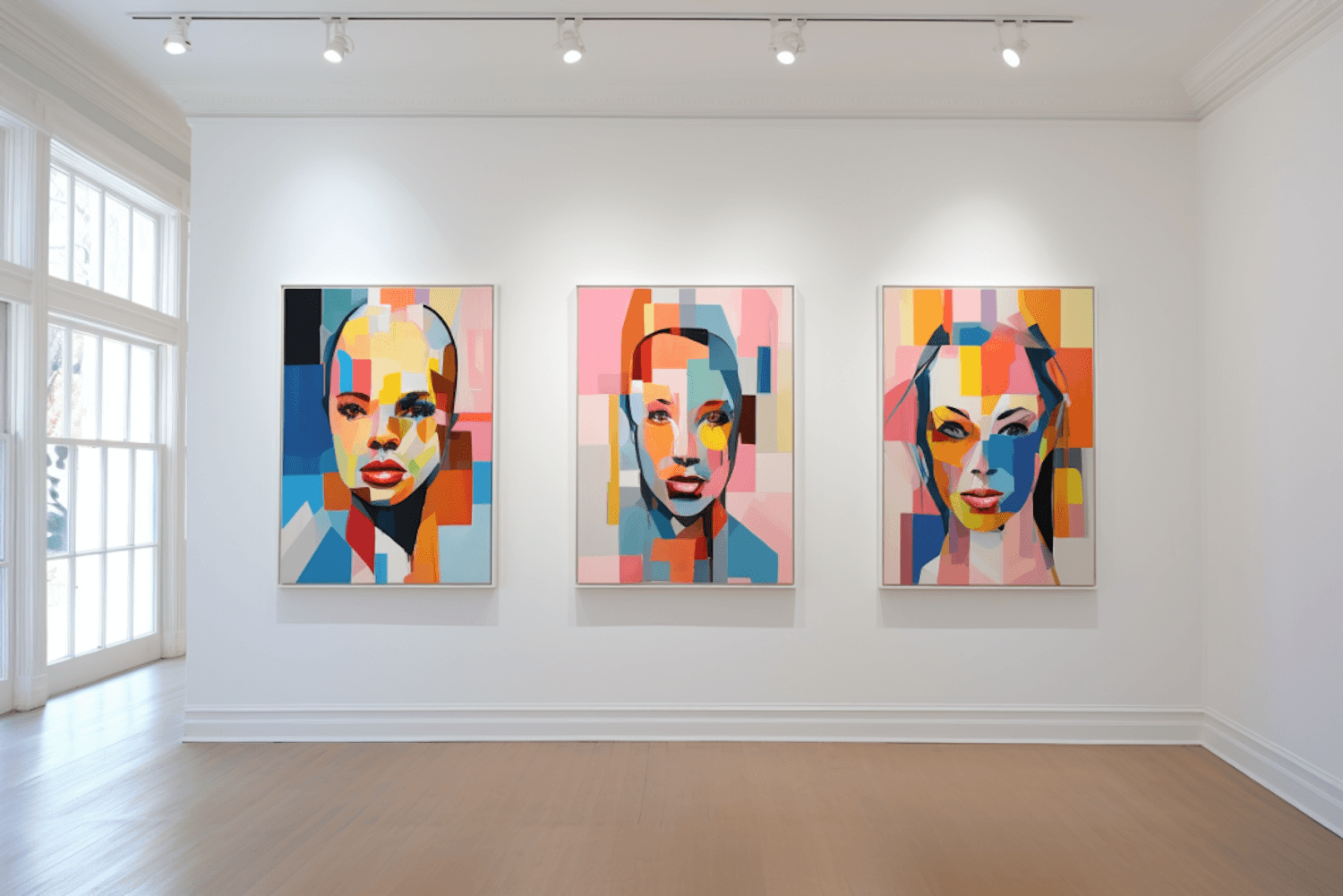 A wall of large abstract works installed in a bright gallery space