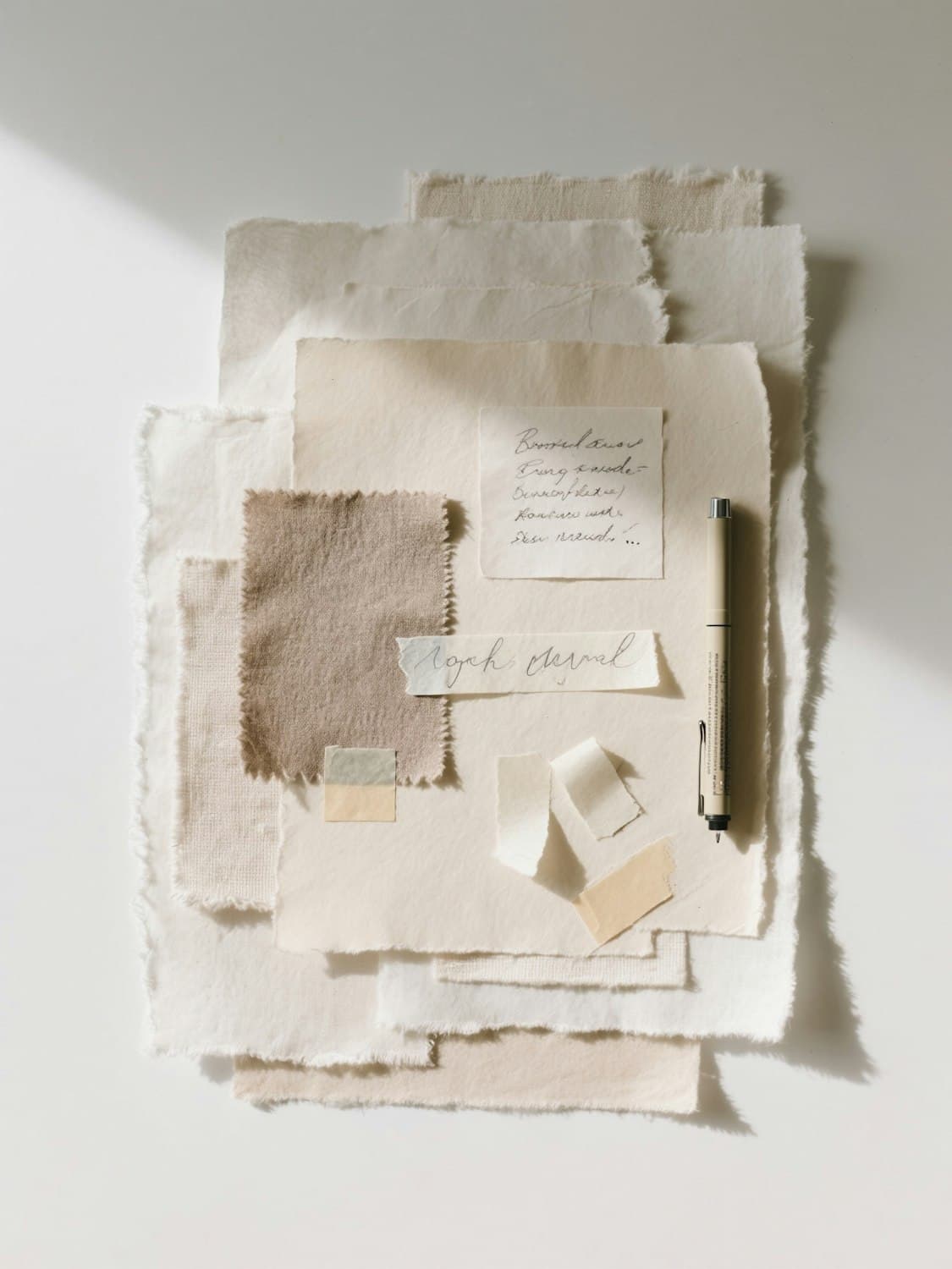 A flat lay of cut papers, swatches and working notes