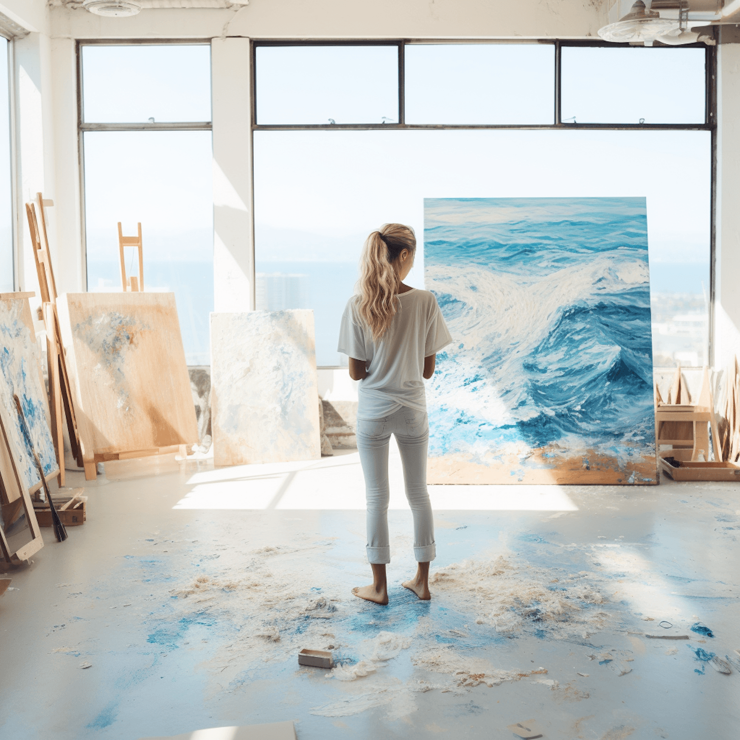 Elsa standing in her sunlit studio in front of a large blue work