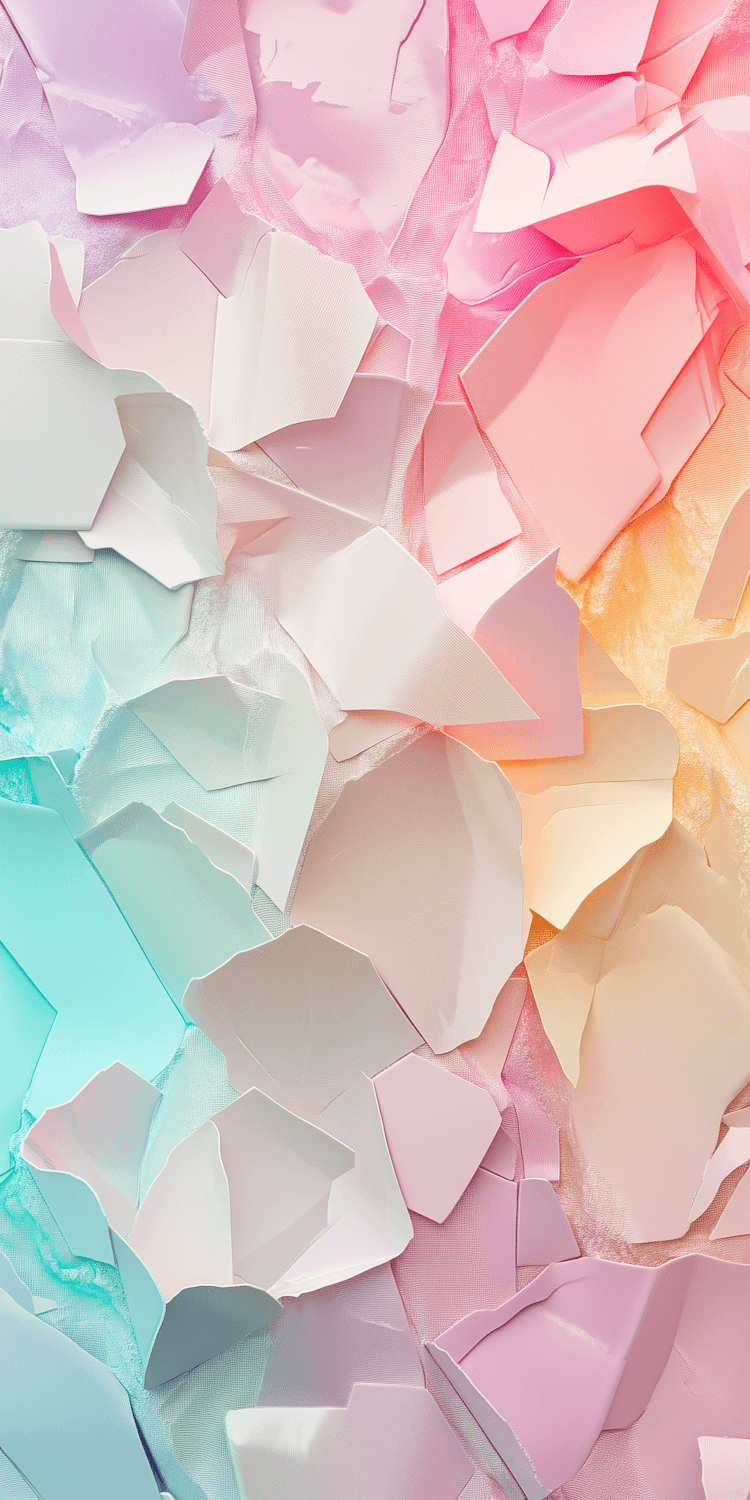 Pale pink, blue and yellow paper fragments layered into a soft abstract field