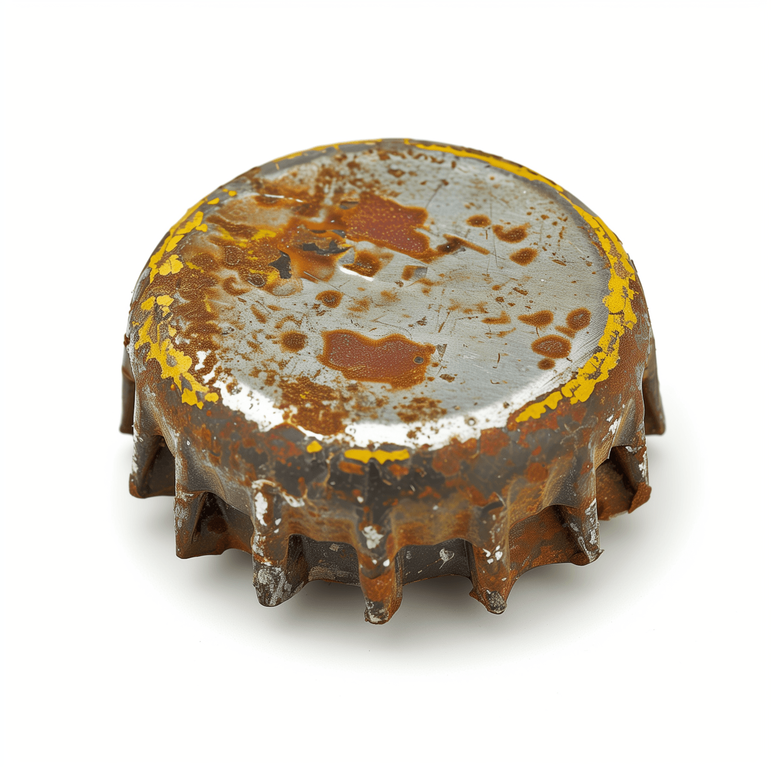 A weathered metal surface with peeling yellow paint and deep rust